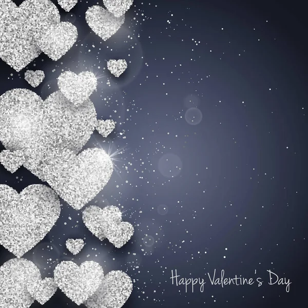 Vector Happy Valentines Day Greeting Card Sparkling Glitter Silver Textured — стоковый вектор