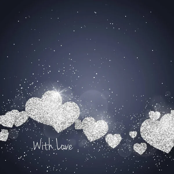 ベクターハッピーバレンタインブルーの背景に輝く輝きの銀質感の心を持つ日のグリーティングカード 季節の休日の背景 ハート型の愛のシンボル — ストックベクタ