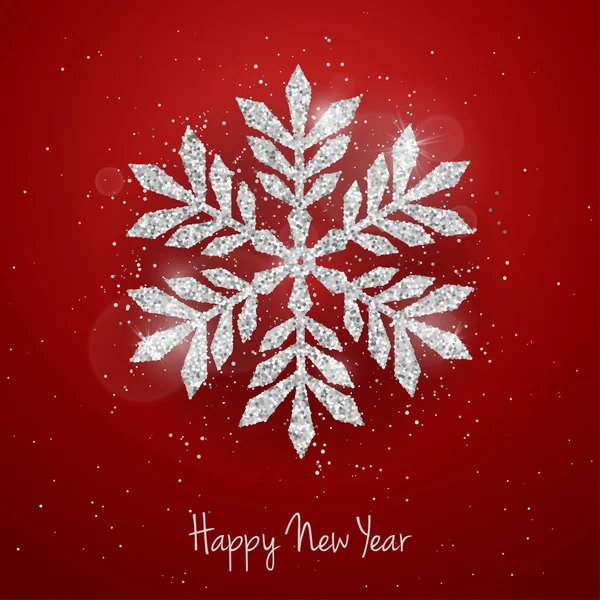 Vector Weihnachts Neujahrsgrußkarte Mit Glitzerndem Silber Strukturiertem Schneeflockenmuster Auf Rotem — Stockvektor