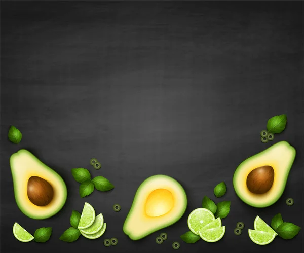 Vector Top View Background Realistic Slices Ripe Avocado Lime Green — 스톡 벡터