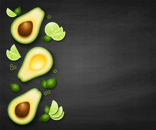 Vector Top View Background Realistic Slices Ripe Avocado Lime Green — 스톡 벡터