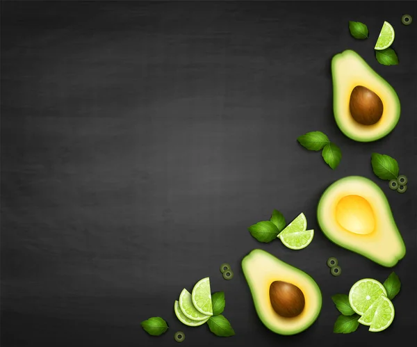 Vector Top View Background Realistic Slices Ripe Avocado Lime Green — 스톡 벡터