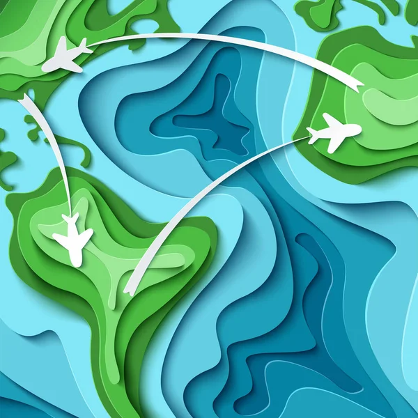 纸飞机飞越世界地图 环球旅行的概念 3D剪纸旅游设计 旅行媒介说明时间到了 度假概念背景 — 图库矢量图片