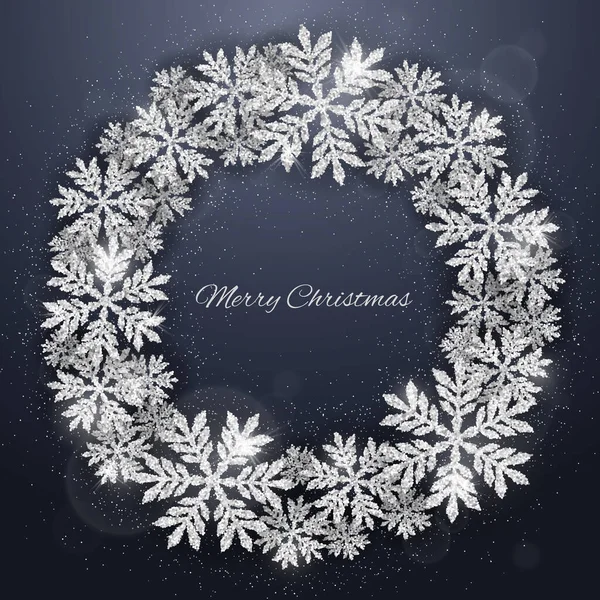 Kerst Nieuwjaar Donkerblauwe Achtergrond Met Kerst Zilveren Glinsterende Sneeuwvlokken Donkere — Stockvector