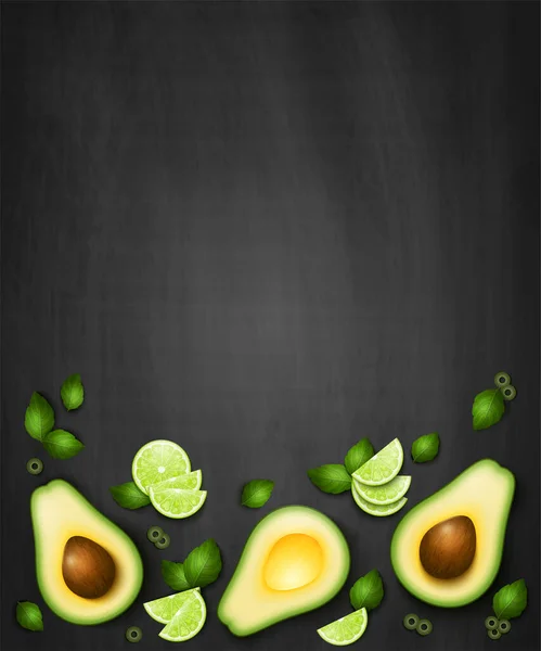 Vector Top View Background Realistic Slices Avocado Lime Green Leaves — 스톡 벡터