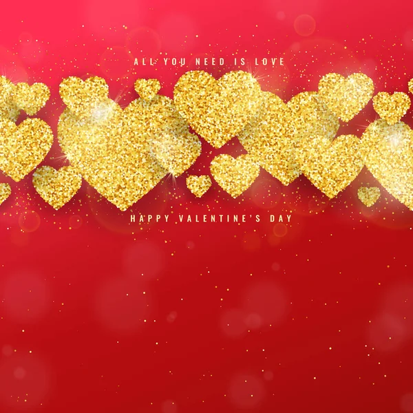 Happy Valentines Day Greeting Card Gold Glittering Hearts Pattern Red — Stock Vector