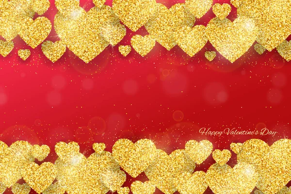 Happy Valentines Day Greeting Card Gold Glittering Hearts Pattern Red — Stockvector