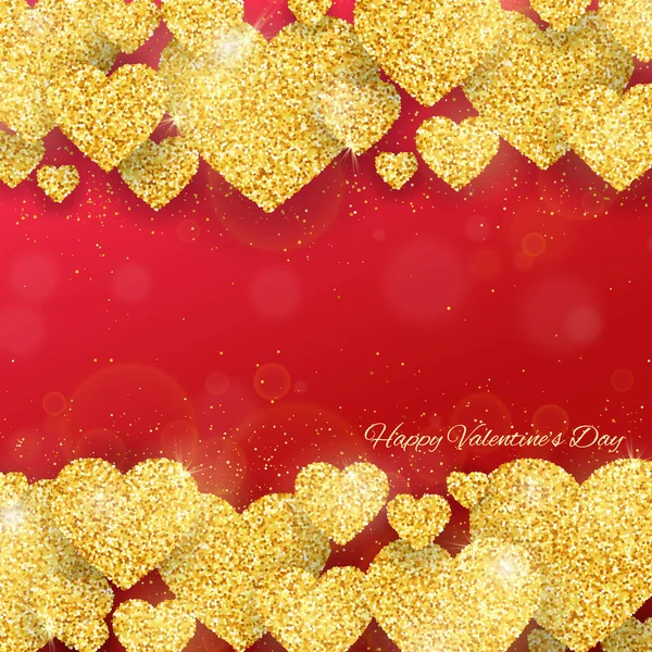 Happy Valentines Day Greeting Card Gold Glittering Hearts Pattern Red — Stockvektor