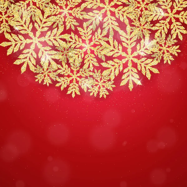 赤い背景に金色の輝く雪のフレームを持つメリークリスマスとハッピーニューイヤーグリーティングカード 季節のホリデーバナー — ストックベクタ