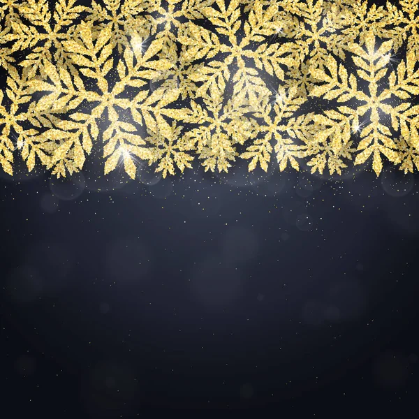Merry Christmas Happy New Year Greeting Card Gold Glittering Snowflakes — Stockvektor