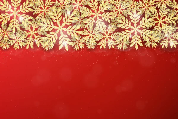 メリークリスマスとゴールド輝く雪のフレームと幸せな新年の休日の背景 冬の季節の豪華グリーティングカード — ストックベクタ