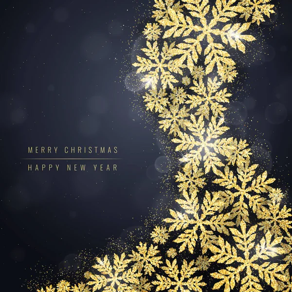 Merry Christmas Happy New Year Greeting Card Gold Glittering Snowflakes — 스톡 벡터