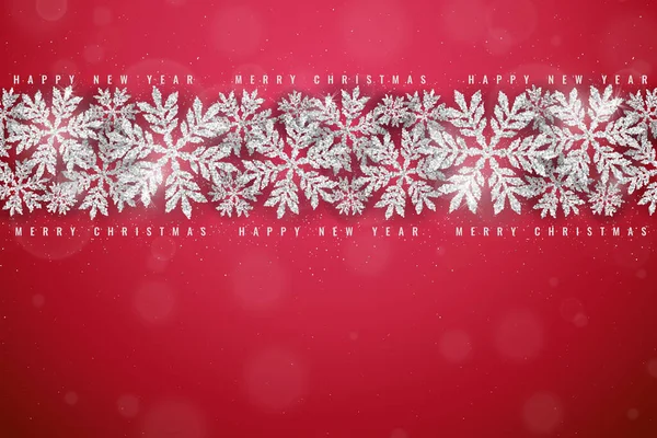 圣诞快乐 新年快乐 卡片上有银光闪闪的雪片框 衬托着红色的背景 — 图库矢量图片