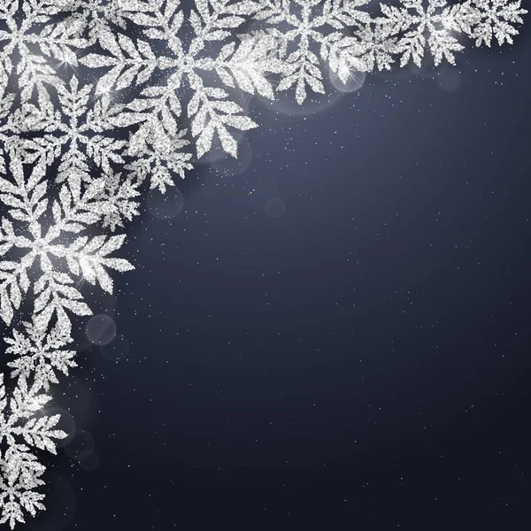 Natale Capodanno Sfondo Blu Scuro Con Natale Argento Scintillante Fiocchi — Vettoriale Stock