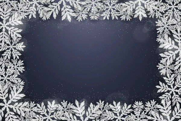 Veselé Vánoce Šťastný Nový Rok Přání Stříbrnými Třpytivými Sněhové Vločky — Stockový vektor