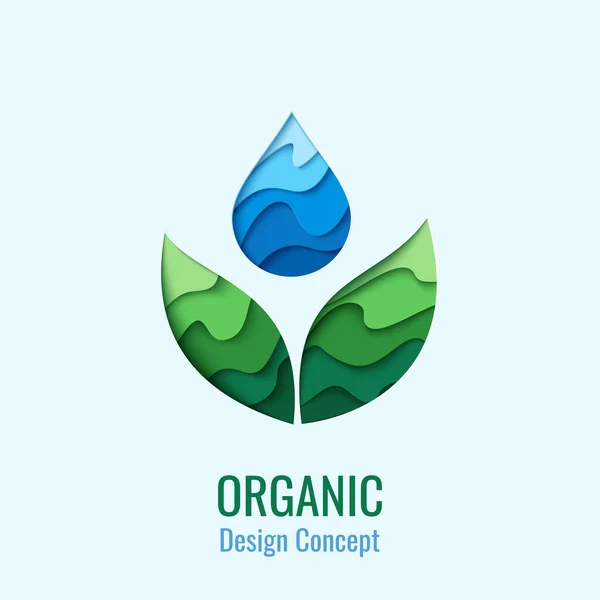 Organic Product Vector Abstract Background Paper Cut Water Drop Green — Stok Vektör