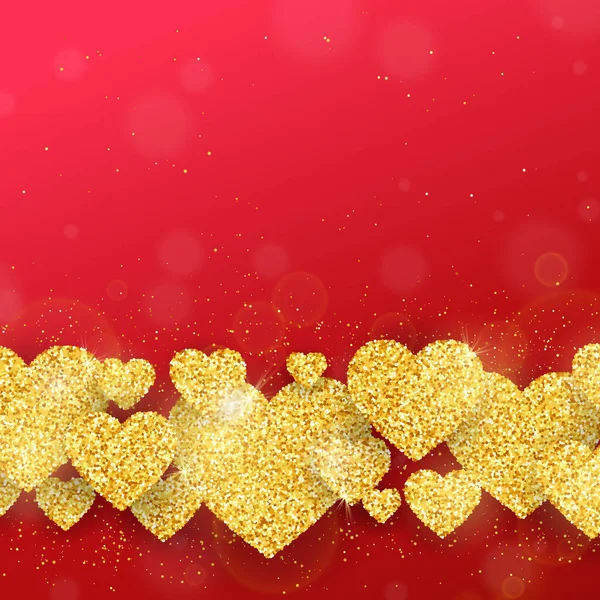 Szczęśliwych Walentynek Kartka Pozdrowieniami Złotym Błyszczącym Wzorem Serca Czerwonym Tle — Wektor stockowy