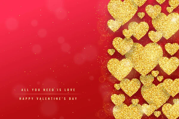 Happy Valentines Day Greeting Card Gold Glittering Hearts Pattern Red — Stockvector