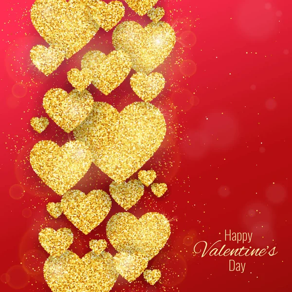 Happy Valentines Day Greeting Card Gold Glittering Hearts Pattern Red — Stock Vector