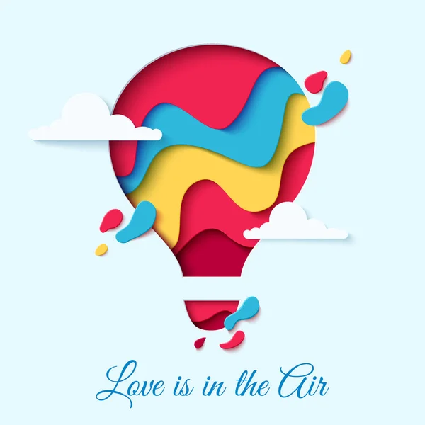 Paper Art Concept Hot Air Balloon Sky Clouds Vector Valentines — Stock vektor