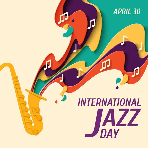 Mezinárodní Den Jazzu Plakát Výstřihem Hudebního Papíru Pro Jazzový Festival — Stockový vektor