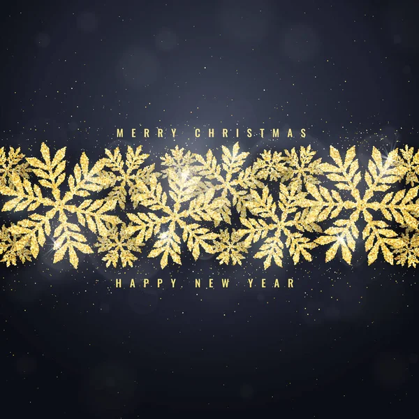 Merry Christmas Happy New Year Greeting Card Gold Glittering Snowflakes — 스톡 벡터