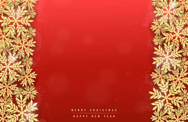圣诞快乐 新年快乐 有金光闪闪的雪片框红色背景的贺卡 — 图库矢量图片