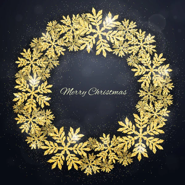 Новым Годом Рождеством Открытки Золотыми Сверкающими Снежинками Венок Темном Фоне — стоковый вектор