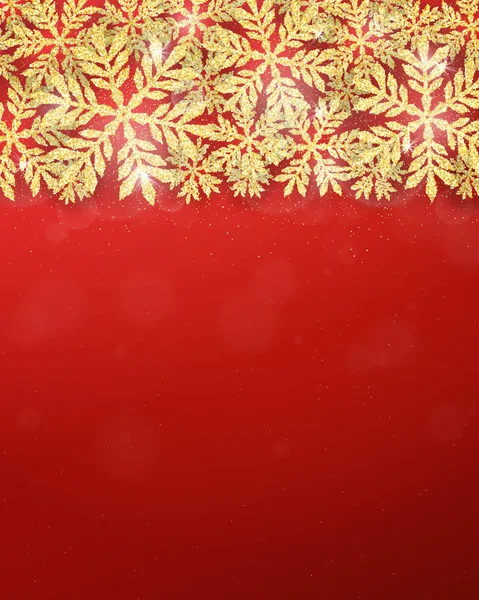 メリークリスマスとハッピーニューイヤーの季節のグリーティングカードとゴールド輝く雪のフレームが赤い休日の背景に — ストックベクタ