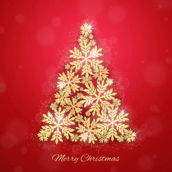 Vrolijk Kerstfeest Gelukkig Nieuwjaar Wenskaart Met Goud Glinsterende Sneeuwvlokken Kerstboom — Stockvector