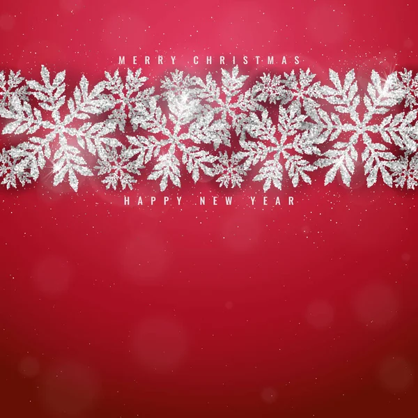 メリークリスマスと幸せな新年の挨拶カードシルバー輝く雪のフレームと赤の背景 — ストックベクタ