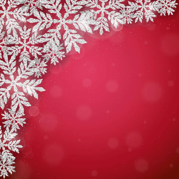 メリークリスマスと幸せな新年の挨拶カードシルバー輝く輝く雪の結晶と赤の背景 — ストックベクタ