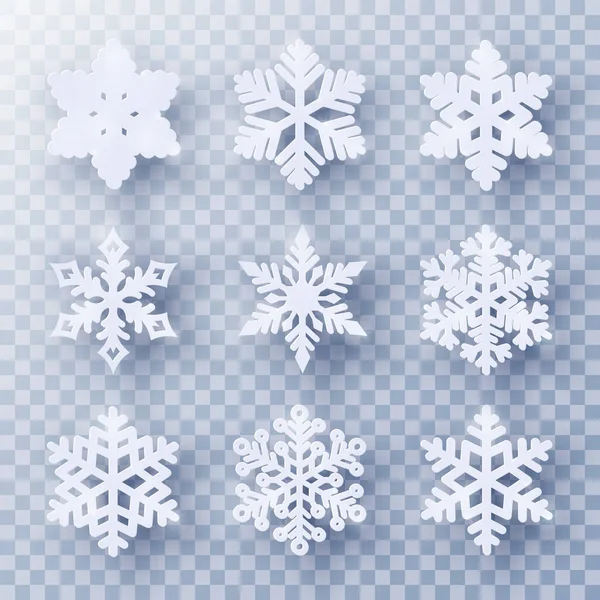 Vector Set White Christmas Paper Cut Snowflakes Shadow Transparent Background — Vettoriale Stock