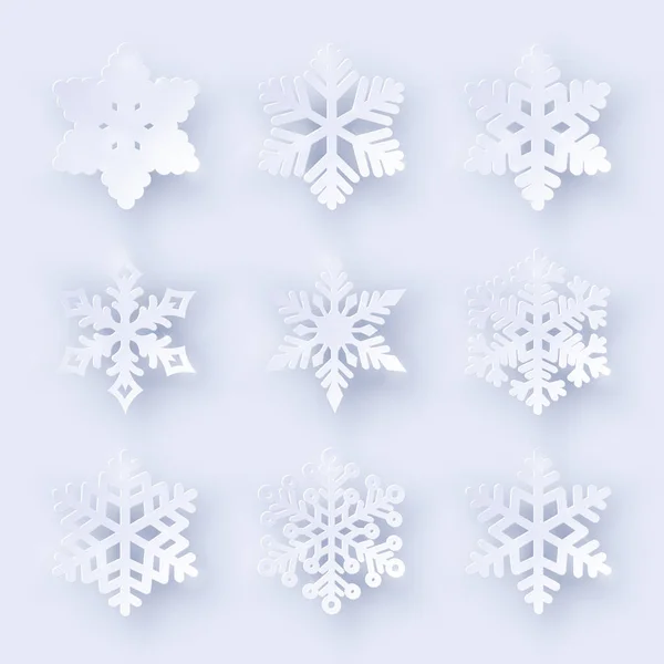 Conjunto Vectorial Copos Nieve Cortados Papel Con Sombra Sobre Fondo — Archivo Imágenes Vectoriales