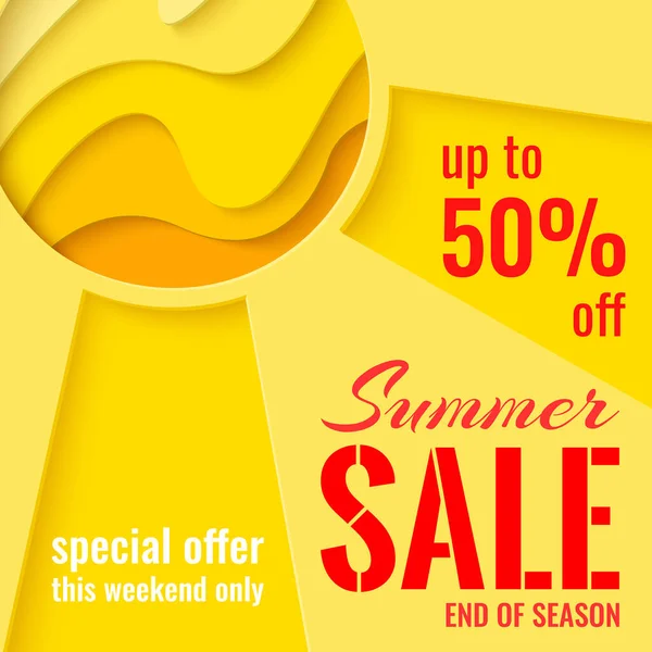 Summer Sale Template Banner Paper Cut Sun Vector Background Sunny — Vetor de Stock
