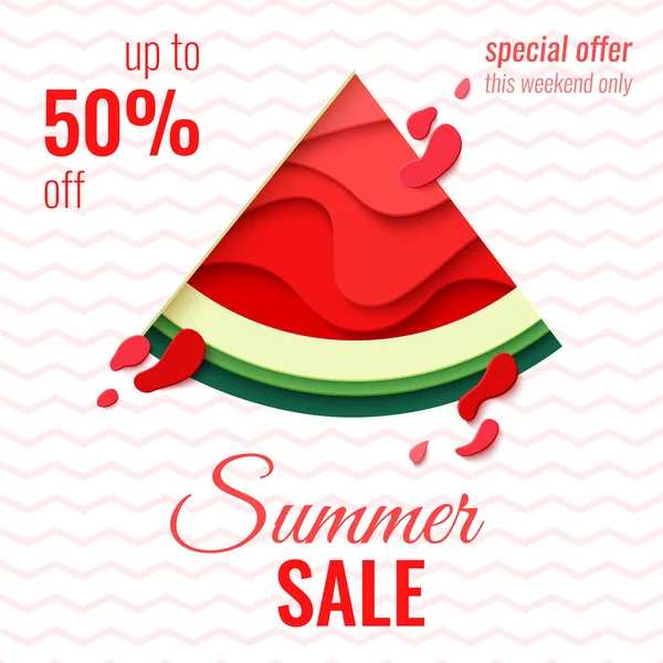 Summer Sale Template Banner Paper Cut Watermelon Vector Background Bright — Vetor de Stock
