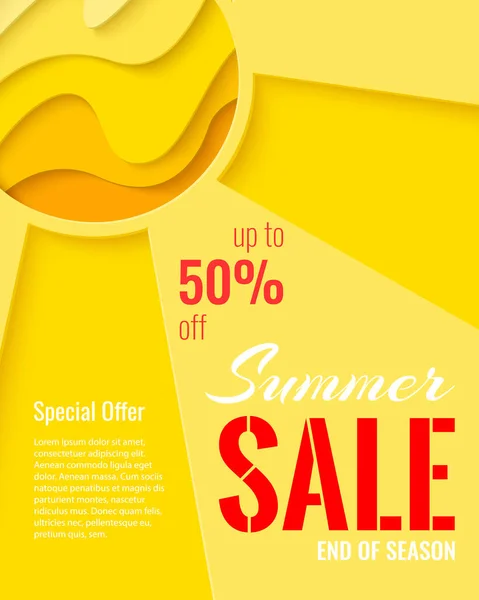 Summer Sale Template Banner Paper Cut Sun Vector Background Sunny — Vetor de Stock