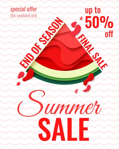 Summer Sale Template Banner Paper Cut Watermelon Vector Background Bright — Vetor de Stock