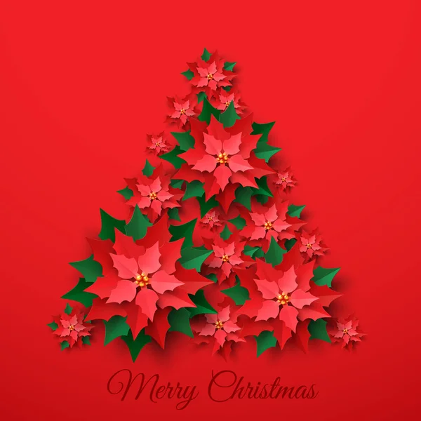 Vector Red Christmas Tree Made Layered Poinsettia Flower Paper Cut — Stockvektor