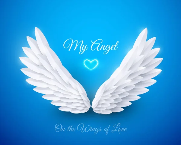 青い背景にベクトル3Dホワイトのリアルな層状紙カット翼 私の天使 ハッピーバレンタインデーグリーティングカード 愛の概念の翼で — ストックベクタ