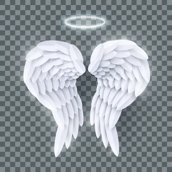 Vector White Realistic Layered Paper Cut Angel Wings Isolated Transparent — Vetor de Stock