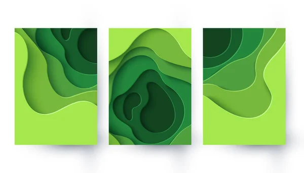 Набір Трьох Екологічних Абстрактних Зелених Банерів Різання Паперу Векторні Екологічні — стоковий вектор