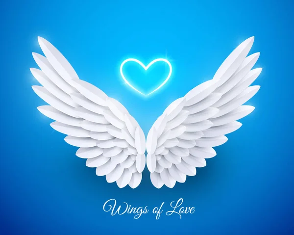 青い背景にベクトル3Dホワイトのリアルな層状紙カット天使の翼 ハッピーバレンタインデーグリーティングカード — ストックベクタ