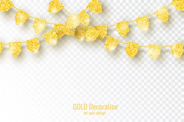 Glitter Gold Glitter Party Flags Decoración Aislada Sobre Fondo Transparente — Archivo Imágenes Vectoriales