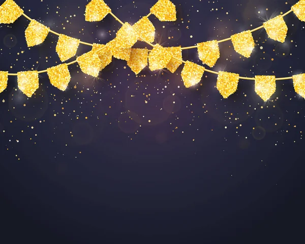 Χρόνια Πολλά Glitter Gold Party Flags Διακόσμηση Κονφετί Σκούρο Φόντο — Διανυσματικό Αρχείο