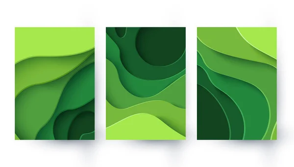 Sada Tří Eko Abstraktní Zelený Papír Řezané Transparenty Vektorové Ekologické — Stockový vektor
