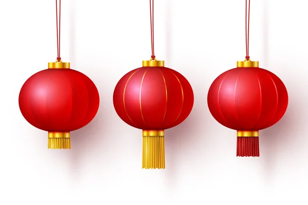 Векторные Китайские Традиционные Висячие Красные Реалистичные Фонари Изолированы Белом Фоне — стоковый вектор