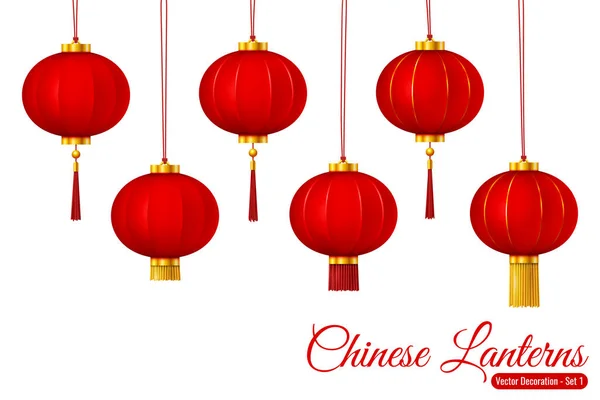 Vektor Čínské Tradiční Zavěšení Červené Realistické Lucerny Izolované Bílém Pozadí — Stockový vektor
