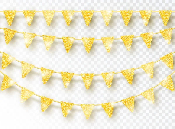 Glitter Gold Glitter Party Flags Decoratie Set Geïsoleerd Transparante Achtergrond — Stockvector