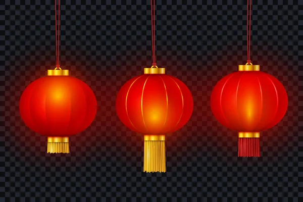 Vektor Kinesiska Röd Traditionell Hängande Papper Glödande Lyktor Isolerad Transparent — Stock vektor